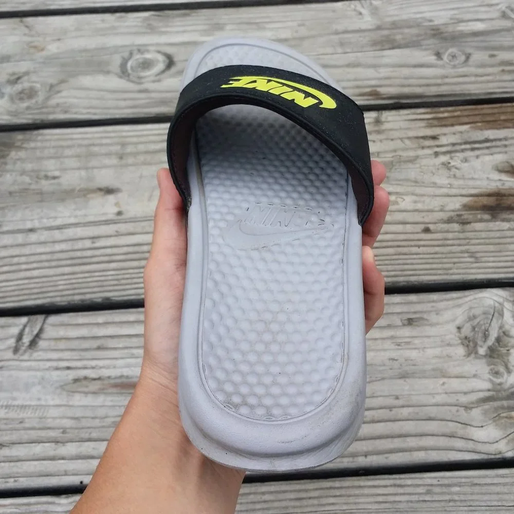 Women Size 9.5 / Size 8 Men Nike Benassi JDI Slides Sandals Wolf Grey Volt